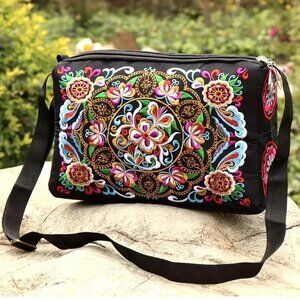 Embroidered Canvas Crossbody Bag For Women, Spacious, Stylish Floral Design
